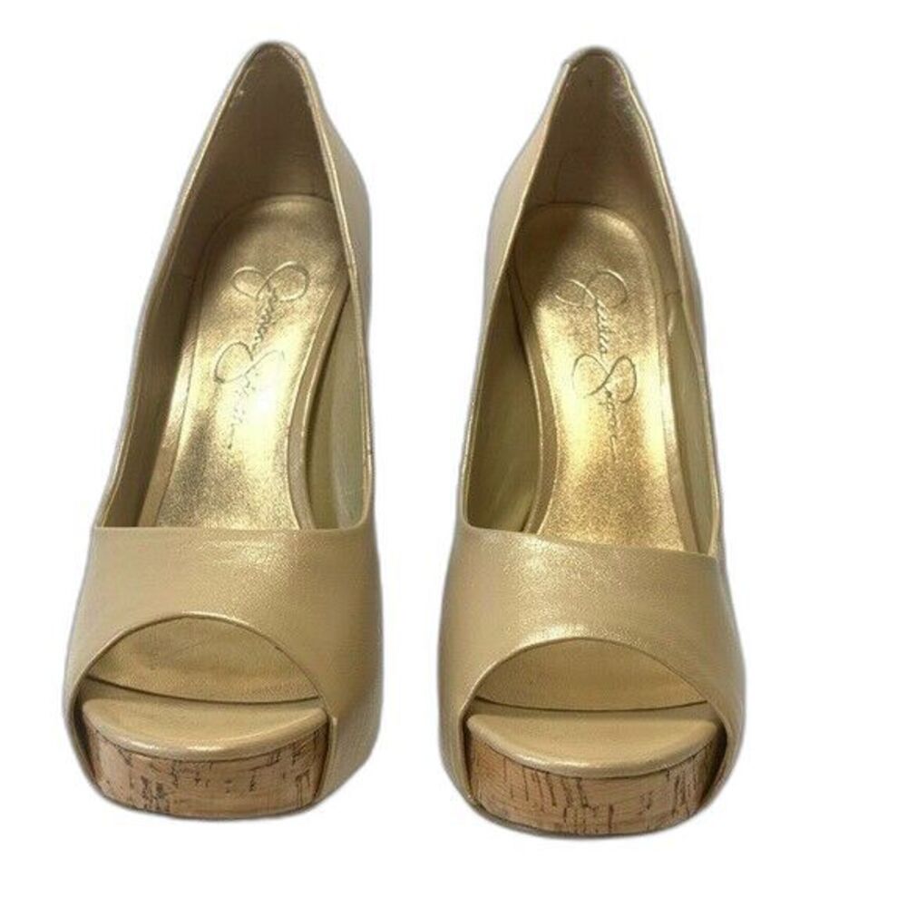 Jessica Simpson Metallic Nude Peep Toe Pumps 6.5B Cork Heel Platform Shoes